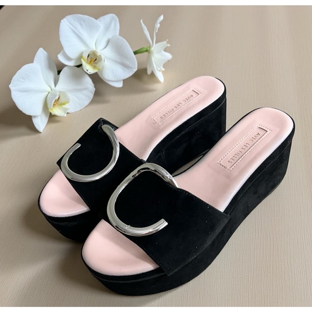 Aves Les Filles Addison Black Platform Sandals Women's Size 6.5 M Ring Accent